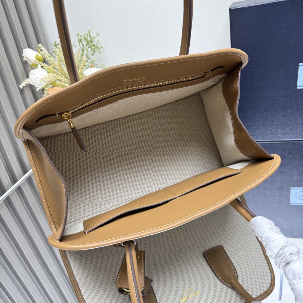 Pra*a medium linen blend and leather tote bag - 35*22.5*18cm